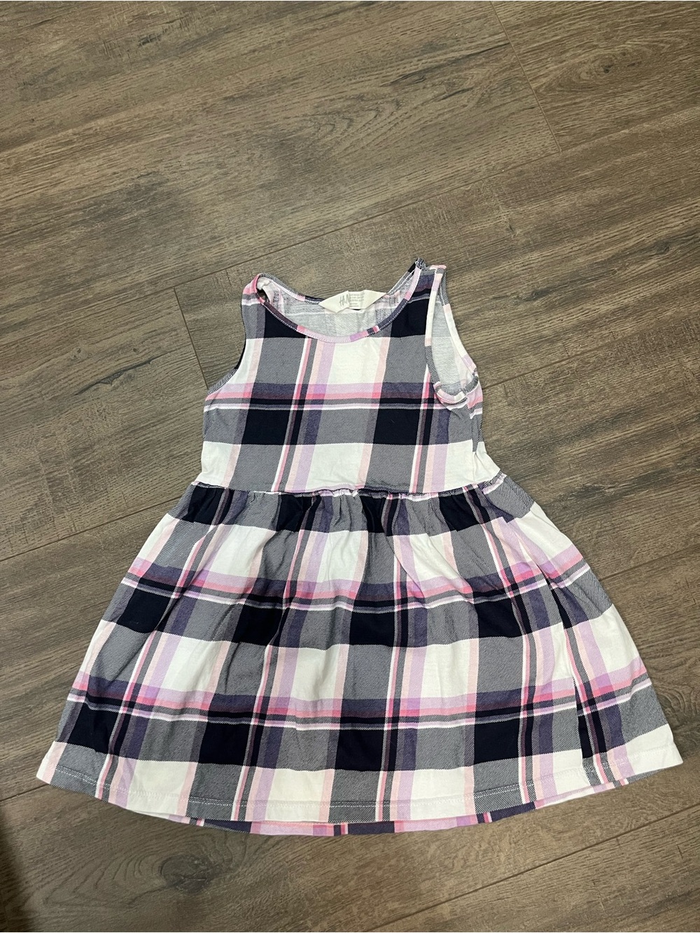 H&M White, Pink, Navy Plaid Cotton Sleeveless Dress